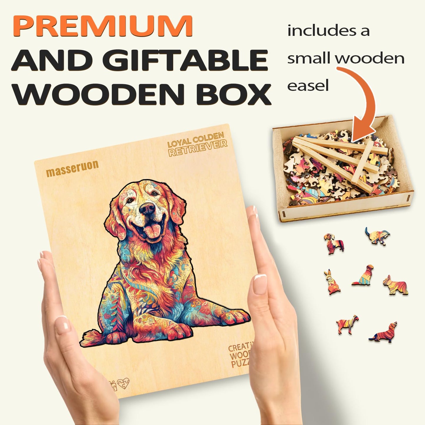 masseruon Wooden Puzzle for mature-themeds-Loyal Golden Retriever Unique Shaped Jigsaw Puzzles for mature-themed(M 200pieces 12.5*11.9in) Beautiful Animal Shaped Wood Puzzles Christmas Family Game Birthday Gift