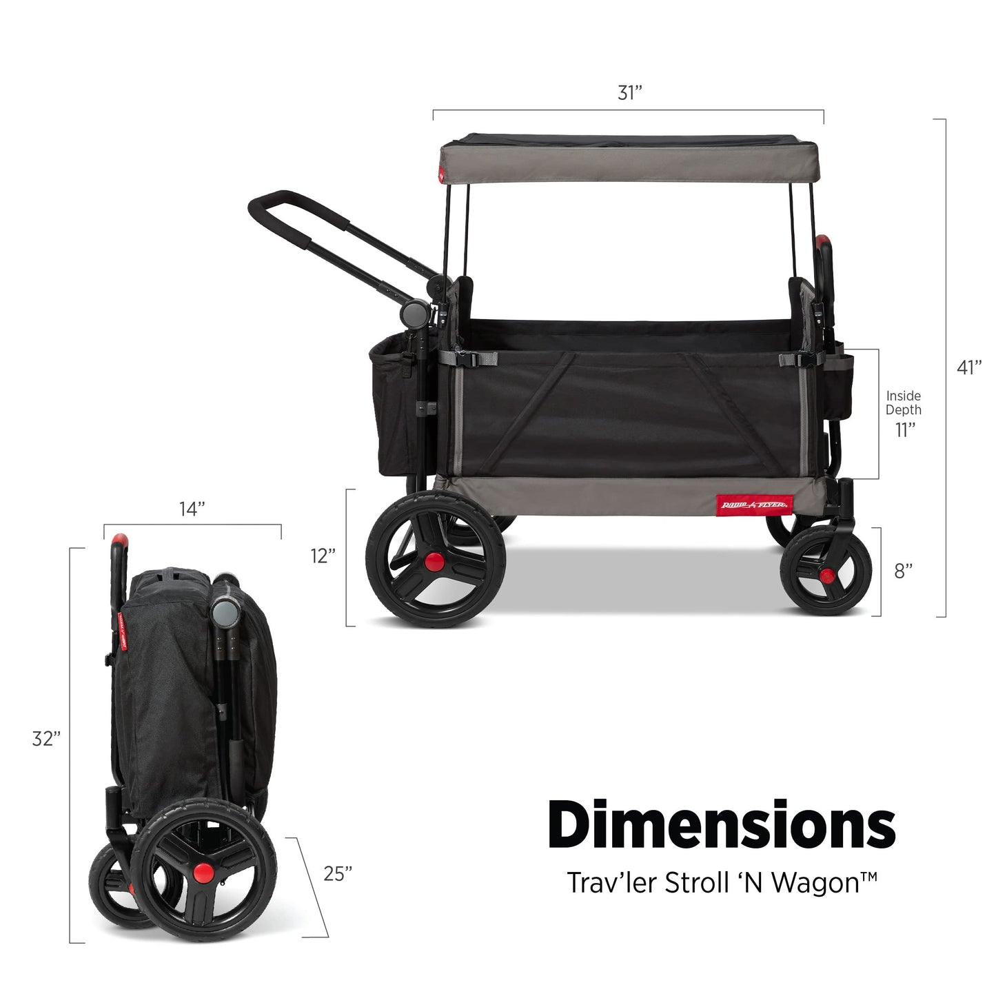 Radio Flyer Collapsible Folding Push And Pull Stroller Kids Wagon With Protective Canopy Cover And Travel Case For Ages 1 And Up, Black