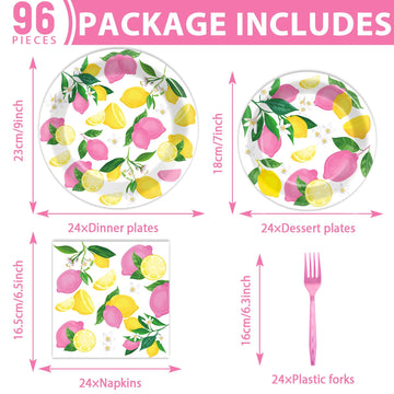 Obusatt 96Pcs Pink Lemon Party Supplies Lemon Paper Plates Napkins Lemons Summer Party Decoration Disposable Pink Lemonade Table