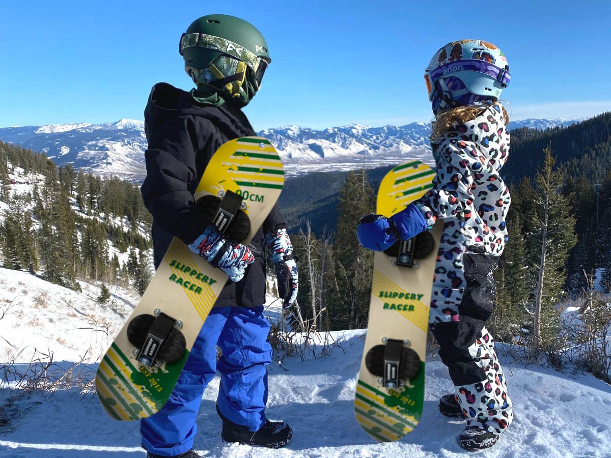 Slippery Racer Kids Hardwood Snowboard with hook and loop Binding in Various Sizes (90 CM-Yellow/Green)