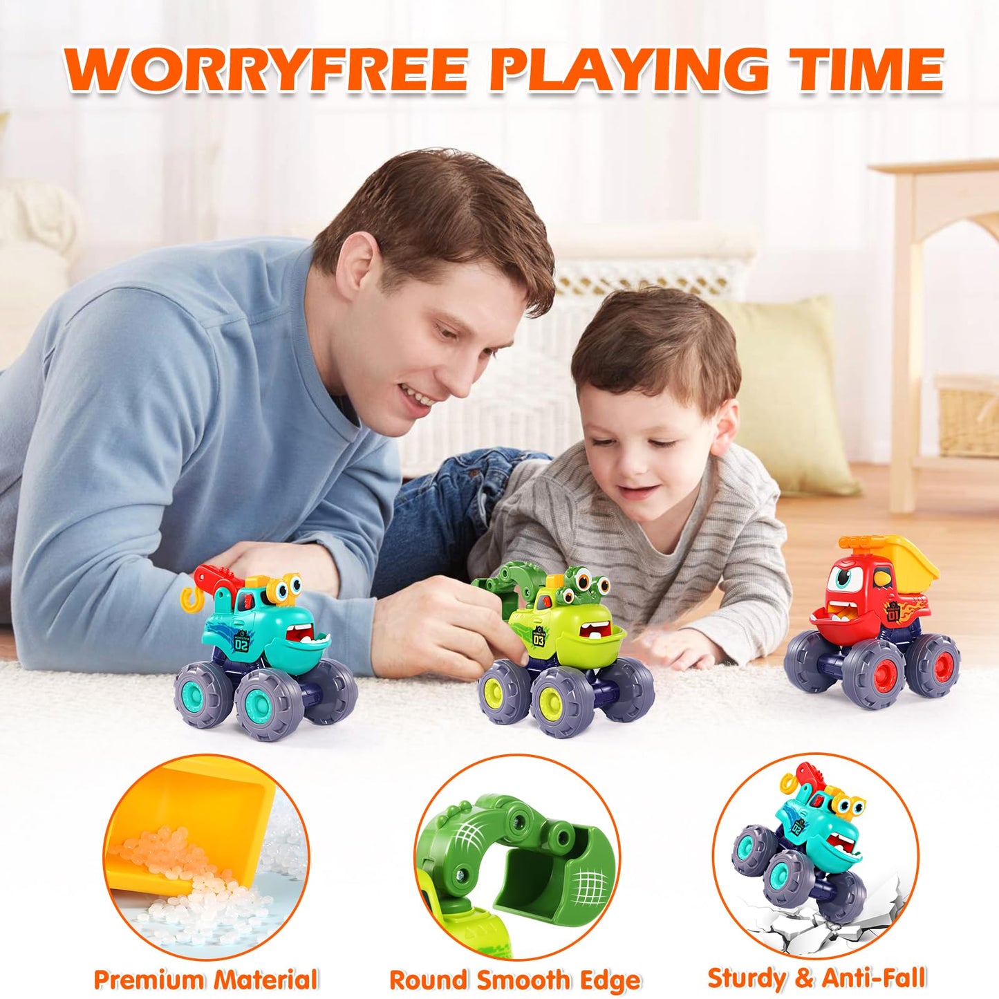 OCATO Monster Truck Toys for 1 2 3 Year Old Boy Birthday Gift, Construction Toys Pull Back Cars for Toddlers 1-3, Baby Boy Toys