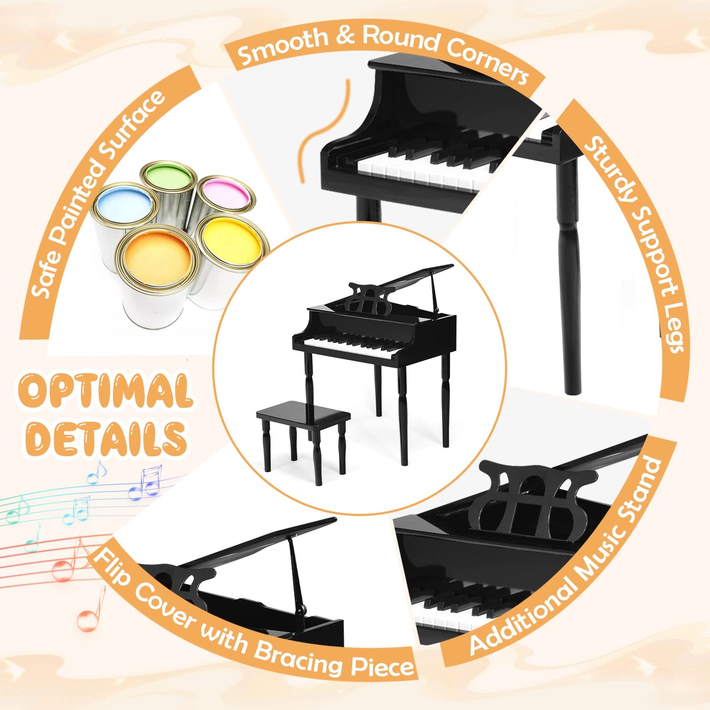 Goplus 30-Key Classical Kids Piano, Mini Grand Piano Wooden Learn-To-Play Musical Instrument Toy With Bench, Piano Lid, Music Rack, Gift For Boys Girls Aged 2+ Baby Tollder (4 Straight Leg-Black)