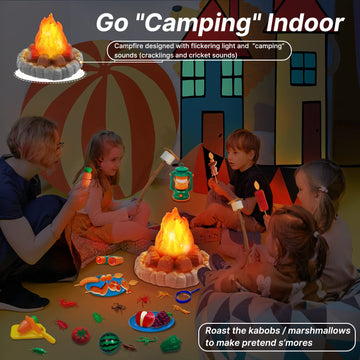 MITCIEN Camping Toys for Kids, Pretend Campfire, Lantern, Safari Hat, Binoculars, Bottle, Toy Food, S'Mores, Toddler Camping Pla