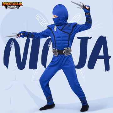 Spooktacular Creations Halloween Ninja Costume Blue Ninja Outfit Set for Kids Halloween Costumes with Accessories for Boys Dress Up and Role Play Party (3T 3-4 yrs)