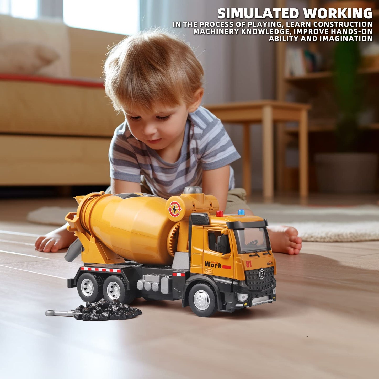 OANMYJJO Metal Cement Mixer Truck Model with Simulated Sounds and Lights, Construction Truck Toy for Boys Ages 3 and Up