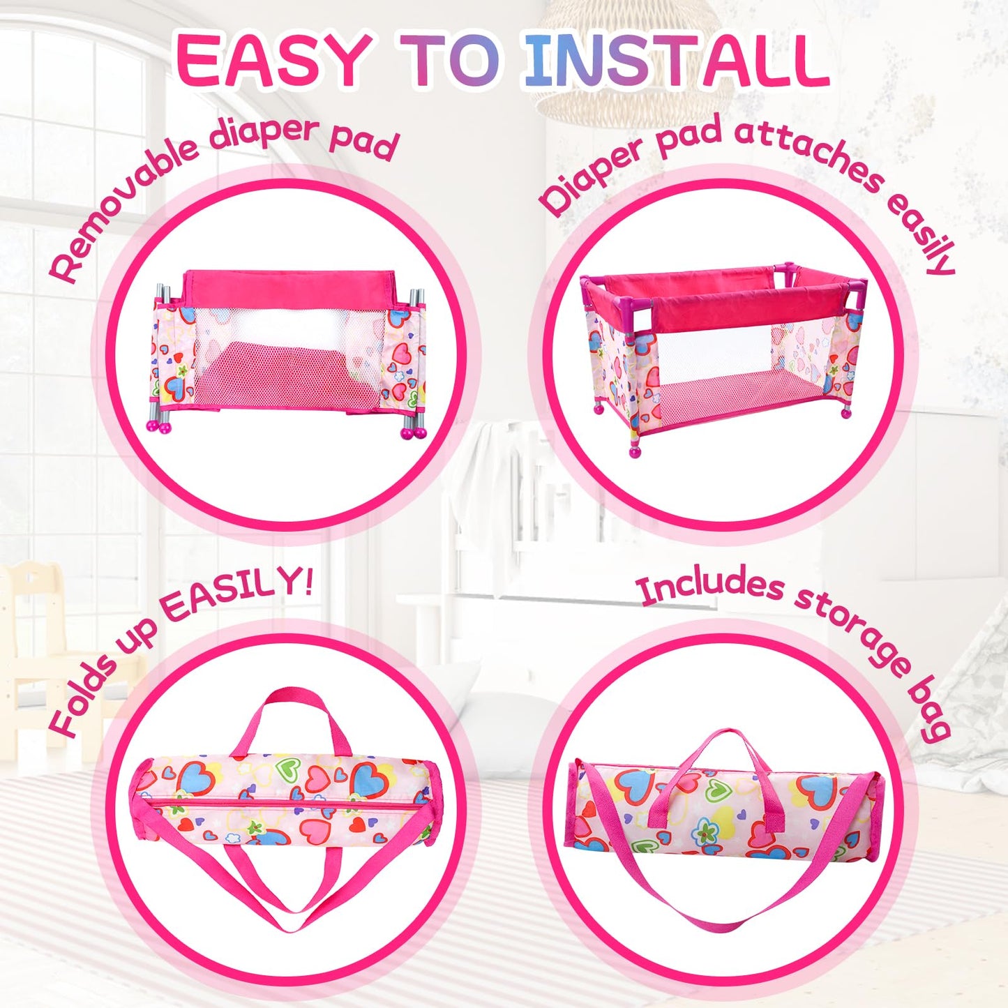 Babeside Baby Doll Crib, Baby Doll Bed For 17-21 Inch Dolls, Foldable Baby Doll Playpen Toy Crib, Reborn Baby Doll Accessories W