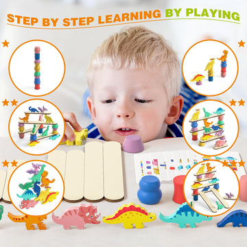JAiiMen Montessori Dinosaur Toys, Wooden Sorting & Stacking Blocks, Medium, Various Colors, Model J045, Educational Gift for Toddlers 1-4 Years