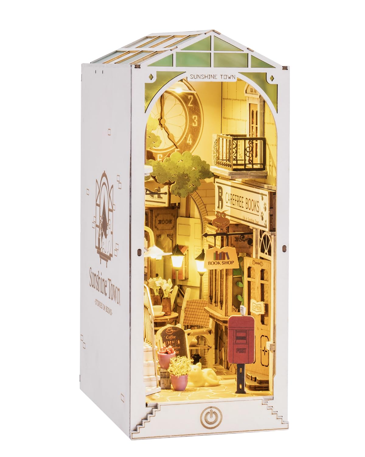 Rowood Book Nook Bookshelf Insert 3D Wooden Puzzle, Diy Bookend Decor Building Set Model Kit With Led Light For Adults Kids - Sunshine Town