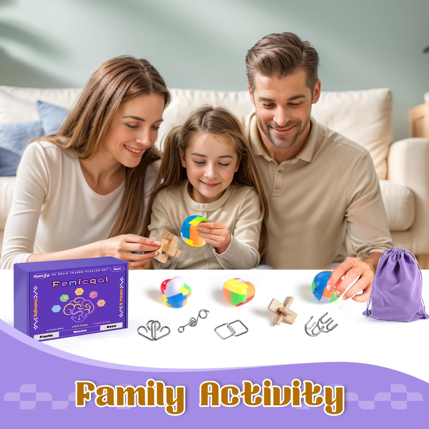 Femicgal Brain Teaser Puzzles For Adults And Kids, 10Pcs Puzzle Games Set, 3D Wooden Plastic Metal Puzzle, Unlock Interlock Mind