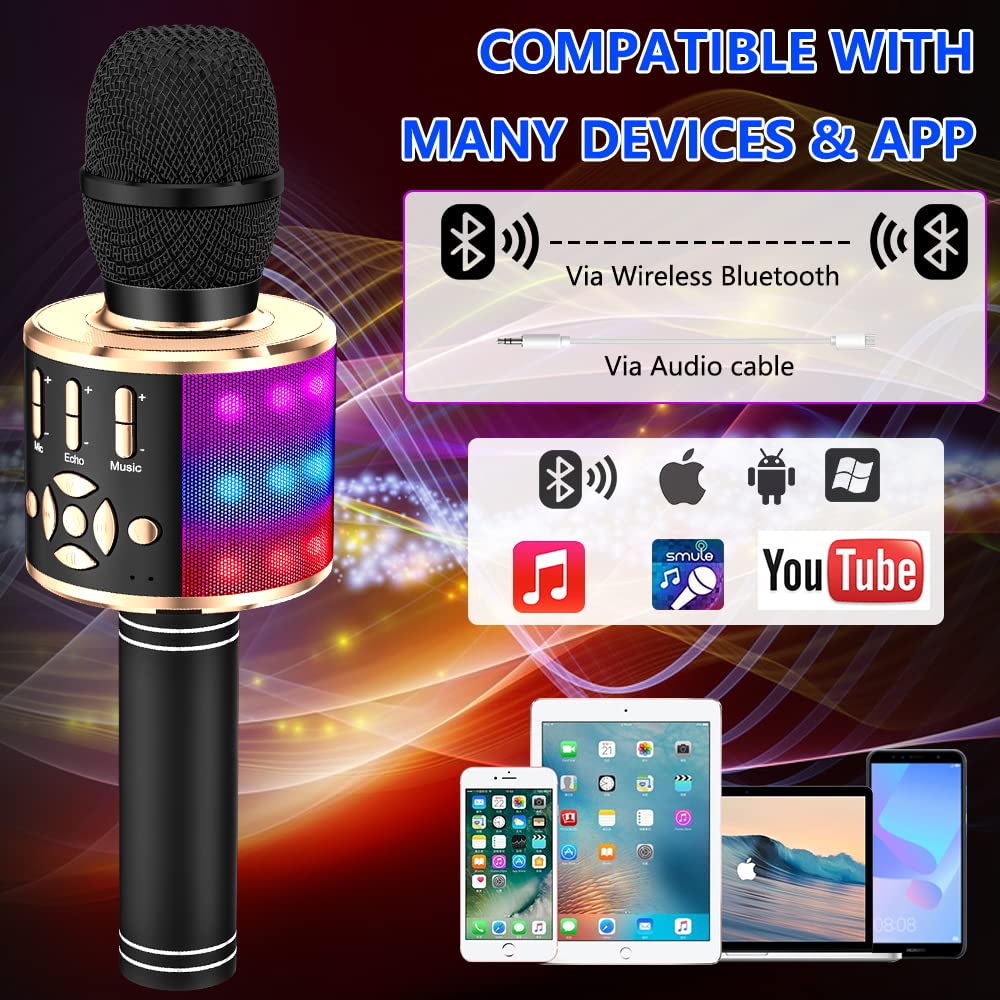 Amazmic Kids Karaoke Microphone Machine Toy Bluetooth Microphone Portable Wireless Karaoke Machine Handheld With Led Lights, Gift For Children Adults Birthday Party, Home Ktv(Black Gold)