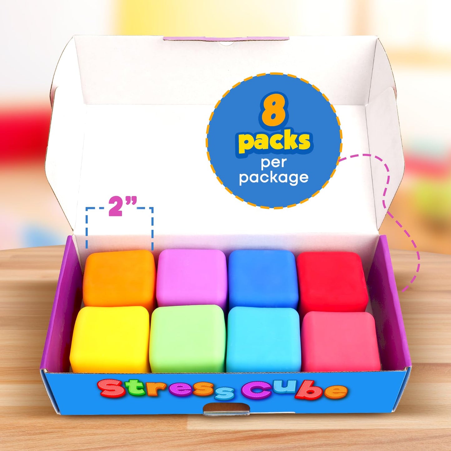 Slow Rising Stress Cube 8 Pack: Stretchy Fidget Toys For Anxiety Relief, Pull Stretch Squishy Toys For Students, Classroom Prize Box Toys, Quiet Fidgets For Classroom (2 Inches)