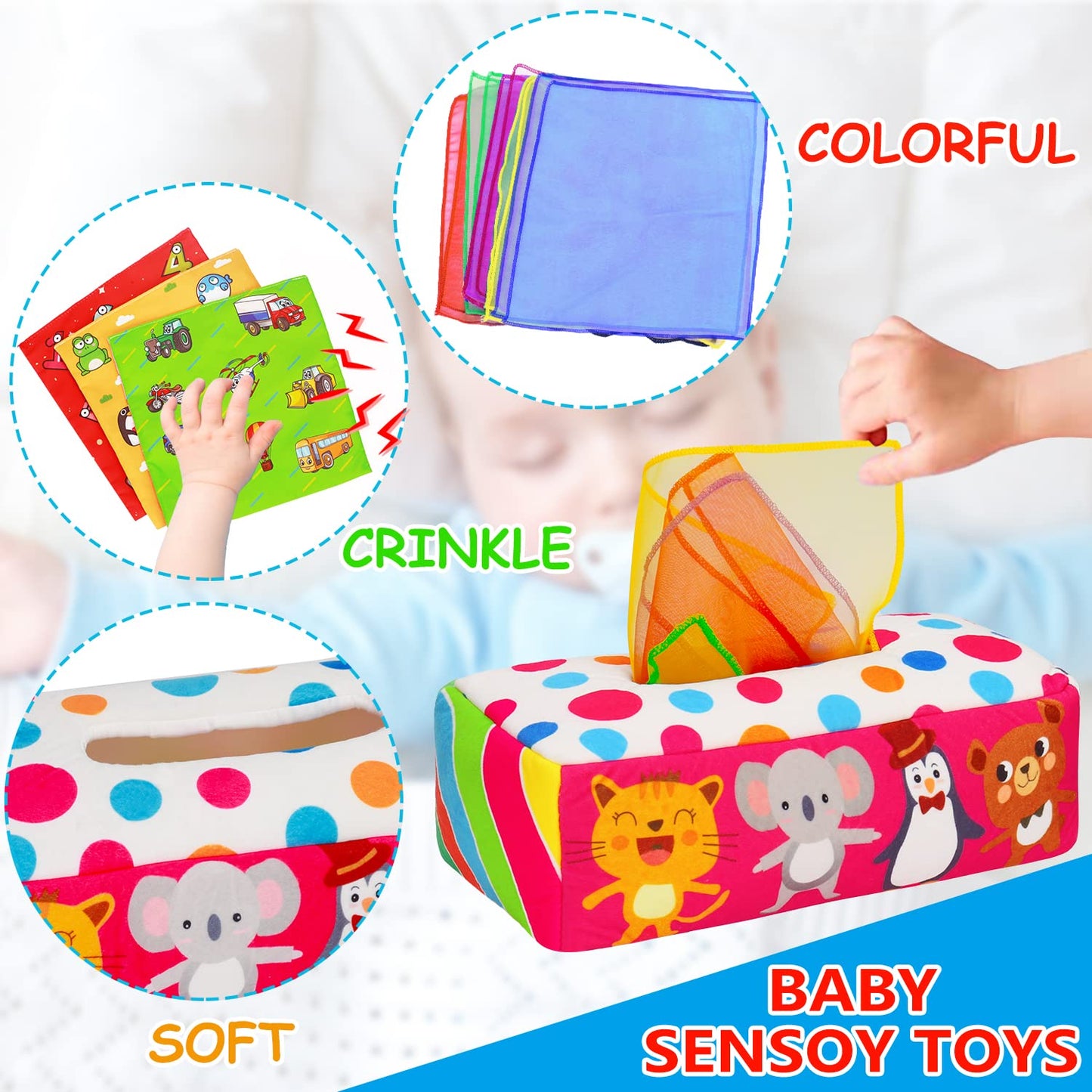 Thremhoo Montessori Tissue Box Baby Toys for Infants 0-12 Months, Multicolor Sensory Crinkle Developmental Gift for Toddlers 1-2 Years