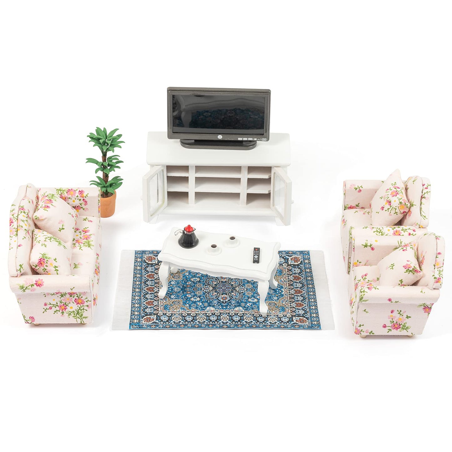 Samcami Miniature Dollhouse Furniture 1 12 Scale - Wooden Dollhouse Furniture Set For Dollhouse Living Room - Doll House Furniture Incl Sofa, Tv Cabinet, Coffee Table And Other Accessories (Red)