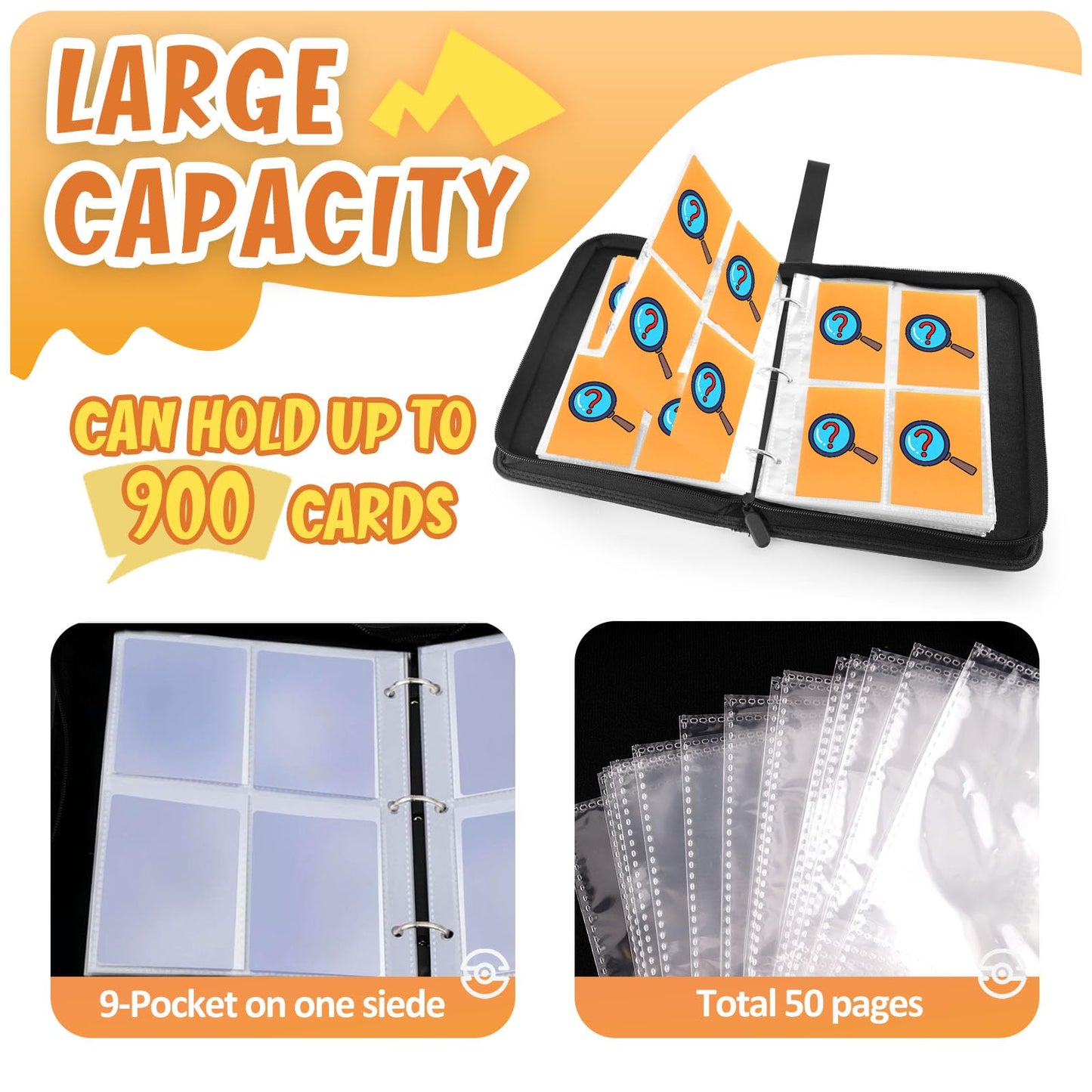 Goroma Card Binder 9-Pockets, 900 Pockets Card Holder With 50 Removable Sleeves, Trading Card Collector Zipper Album Holder, Ora