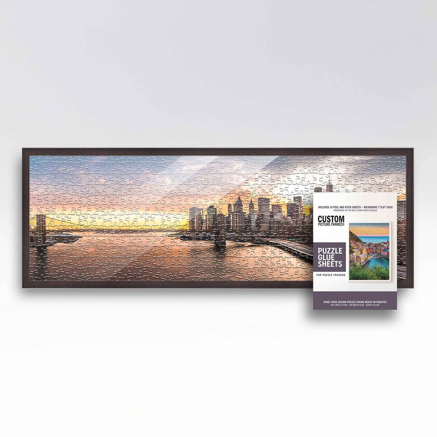 13X39 Rustic Brown Wood Picture Frame Set With Peel And Stick Puzzle Glue Sheets | Interior Frame Depth 0.5 Inches | Rustic Brow