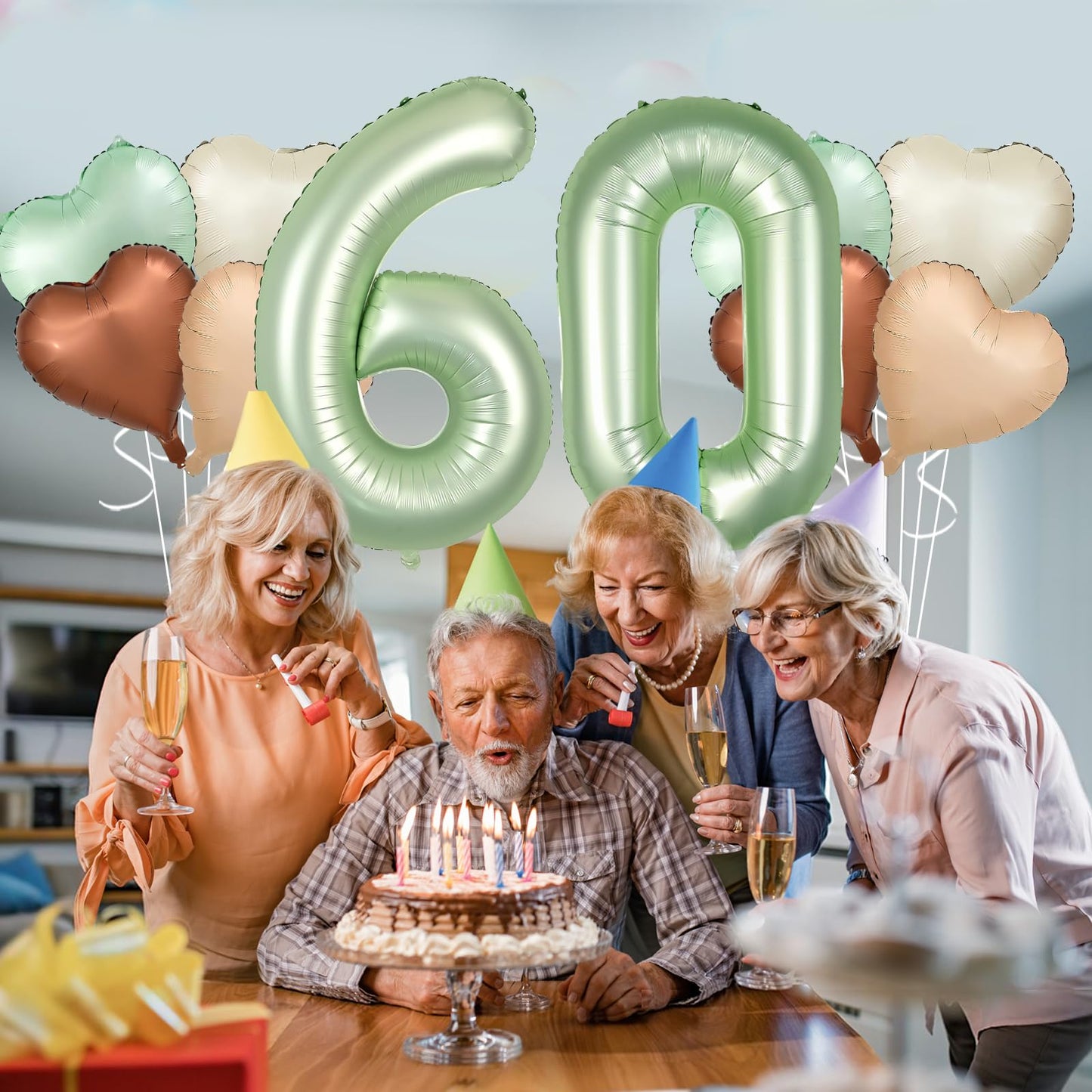 Biapian 40 Inch Sage Green Number 60 Balloons, Large Foil Number 6 & 0 Balloons With 18'' Olive Green Heart Balloon For 60Th Yea