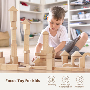 OOOK Natural Beech Wood Building Blocks for Toddlers, 100pcs with Storage Bucket & Shape Sorter, Preschool Learning Toys for Kids