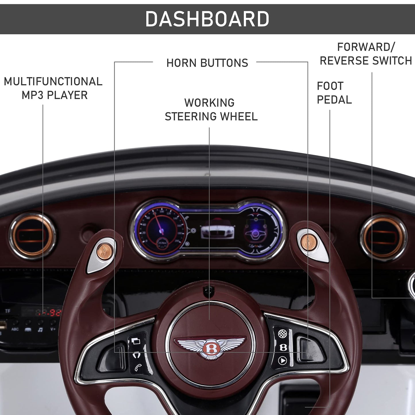 Aosom Licensed Bentley Exp12 Kids Electric Car With Parent Remote Control, 12V Ride On Car With Butterfly Doors, Startup Sound, Suspension, Mp3 Player, Songs, Horn, Lights, White
