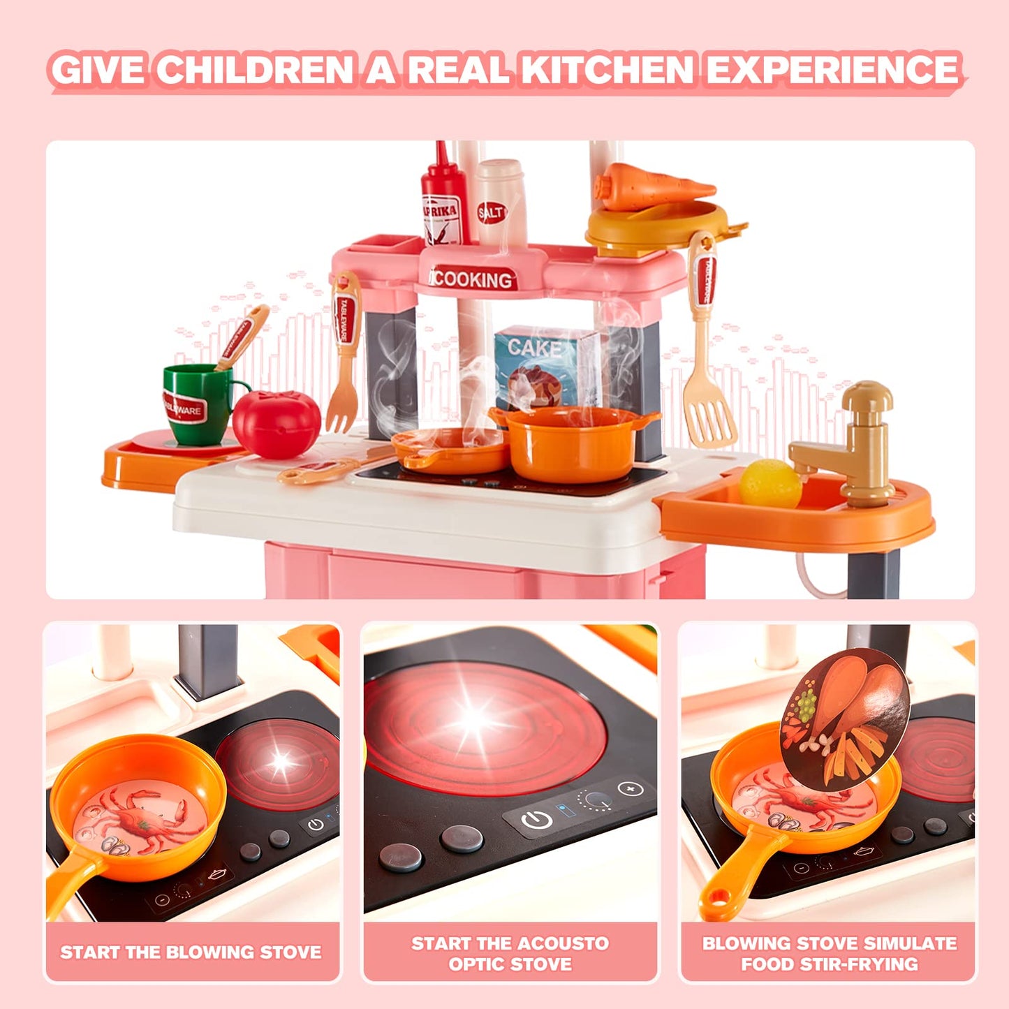 GEIYATOI Kitchen Playset, 3 in 1 Kitchen Pretend Play Toys Travel Suitcase, 49 PCS Realistic Cooking Accessories, Sounds, Lightn