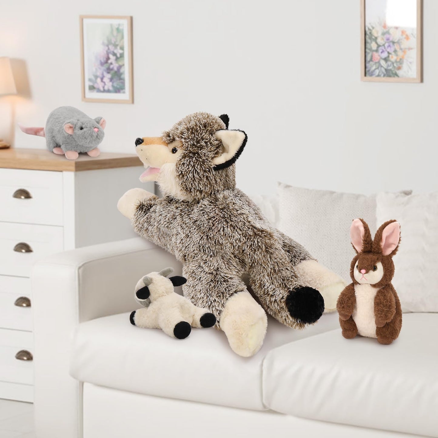 Maogolan 4 Pcs Wolf Stuffed Animal With 3 Small Plush Toys,Big Coyote Plushies With Bunny Plush,Stuffed Lamb & Mouse For Kids Valentine & Birthday Gift