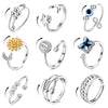 FIBO STEEL Fidget Anxiety Rings - 9 Pcs Spinner Rings, Adjustable, Silver-tone, Stress Relief, Open CZ Flower Moon Star Design