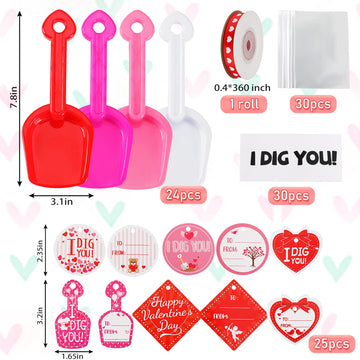 DTOFOOT 108 Pcs Valentines Day Plastic Shovels with I DIG You Cards Stickers Valentines Gift Candy Bags with Ribbon Valentines