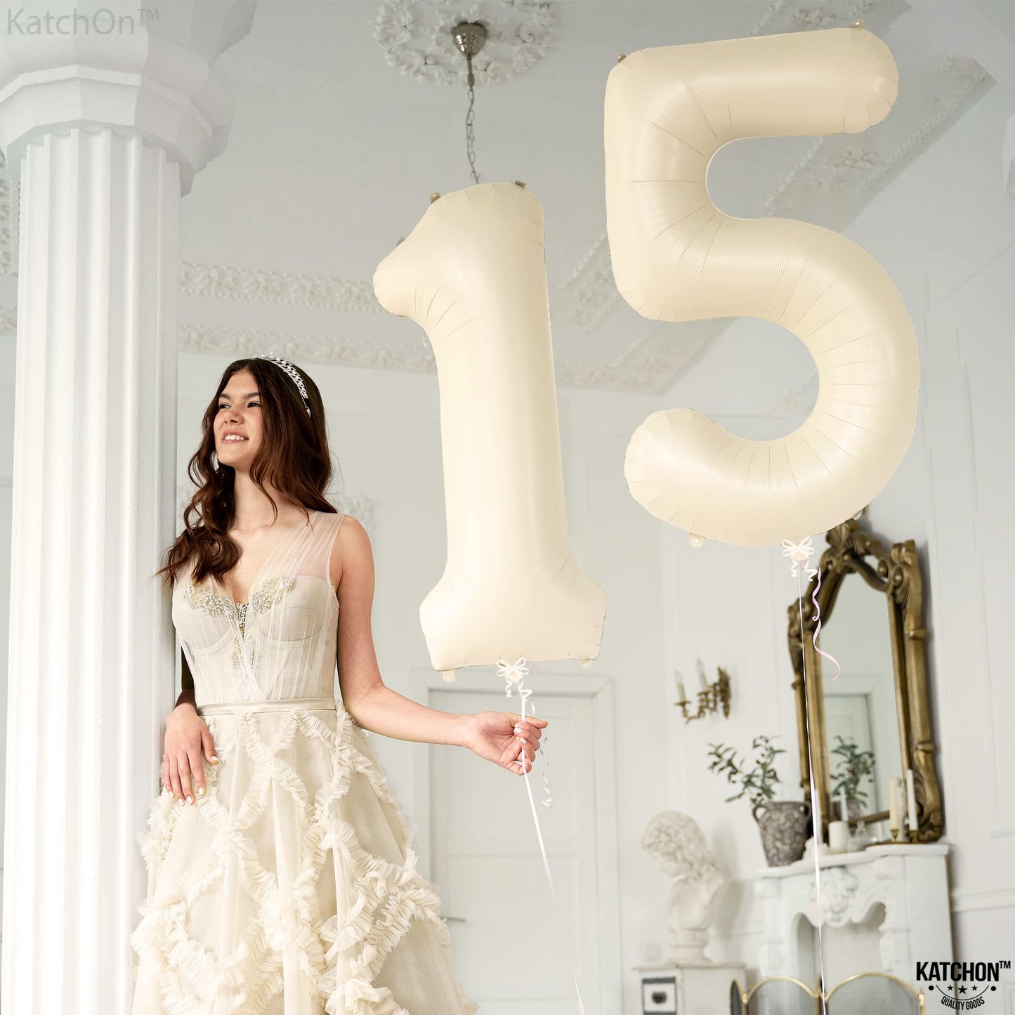 Katchon, Gaint Cream White 15 Balloons Number - 40 Inch | 15 Birthday Balloon Decor | Number 15 Birthday Decorations | Number 15 Balloon | 15 Year Old Balloon For 15Th Anniversary Party Supplies