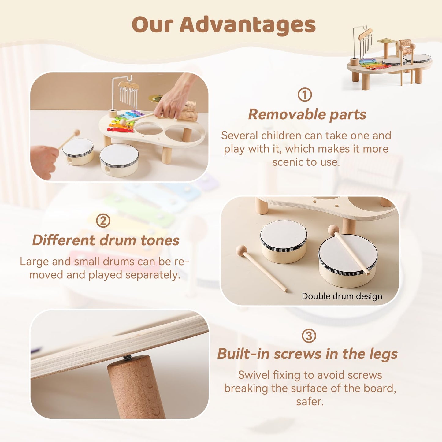Promise Babe Wooden Musical Instruments For Toddlers 1-3, Percussion Instruments For Kids Baby Drum Set Xylophone, Montessori Educational Musical Toys, Gifts For Girls Boys Ages 3+