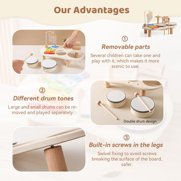 Promise Babe Wooden Musical Instruments Set for Toddlers, Montessori Baby Drum & Xylophone, Educational Toys for Kids Ages 3+, TABLE