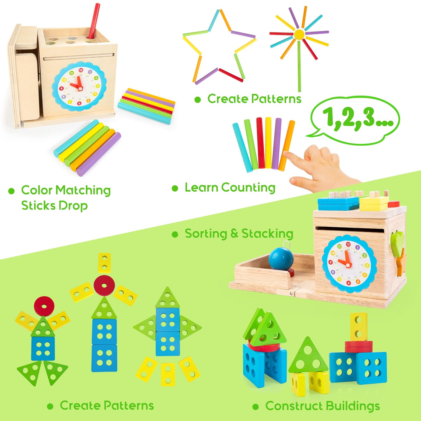 Justwood Montessori Toys For 1+ Year Old, 8-In-1 Wooden Play Kit Includes Object Permanent Box, Learning Activity Cube, Sorting & Stacking Toy, Carrot Harvest Game, Gift For Boys Girls Age 12+ Months