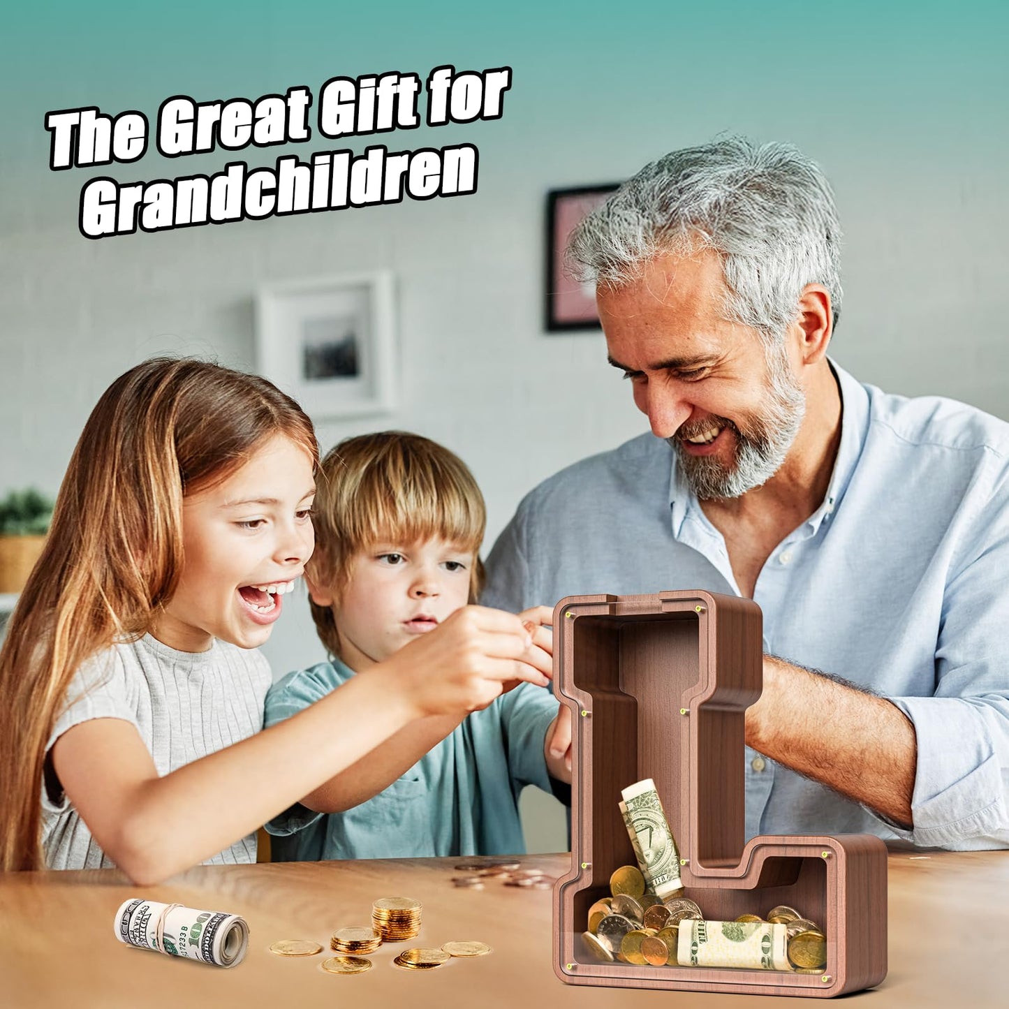 Summidate Wooden Letter Piggy Bank Extra Thick Large Capacity Piggy Bank for Kids Boys Girls Toddler Alphabet L Money Bank| Coin Box Birthday Christmas Festival