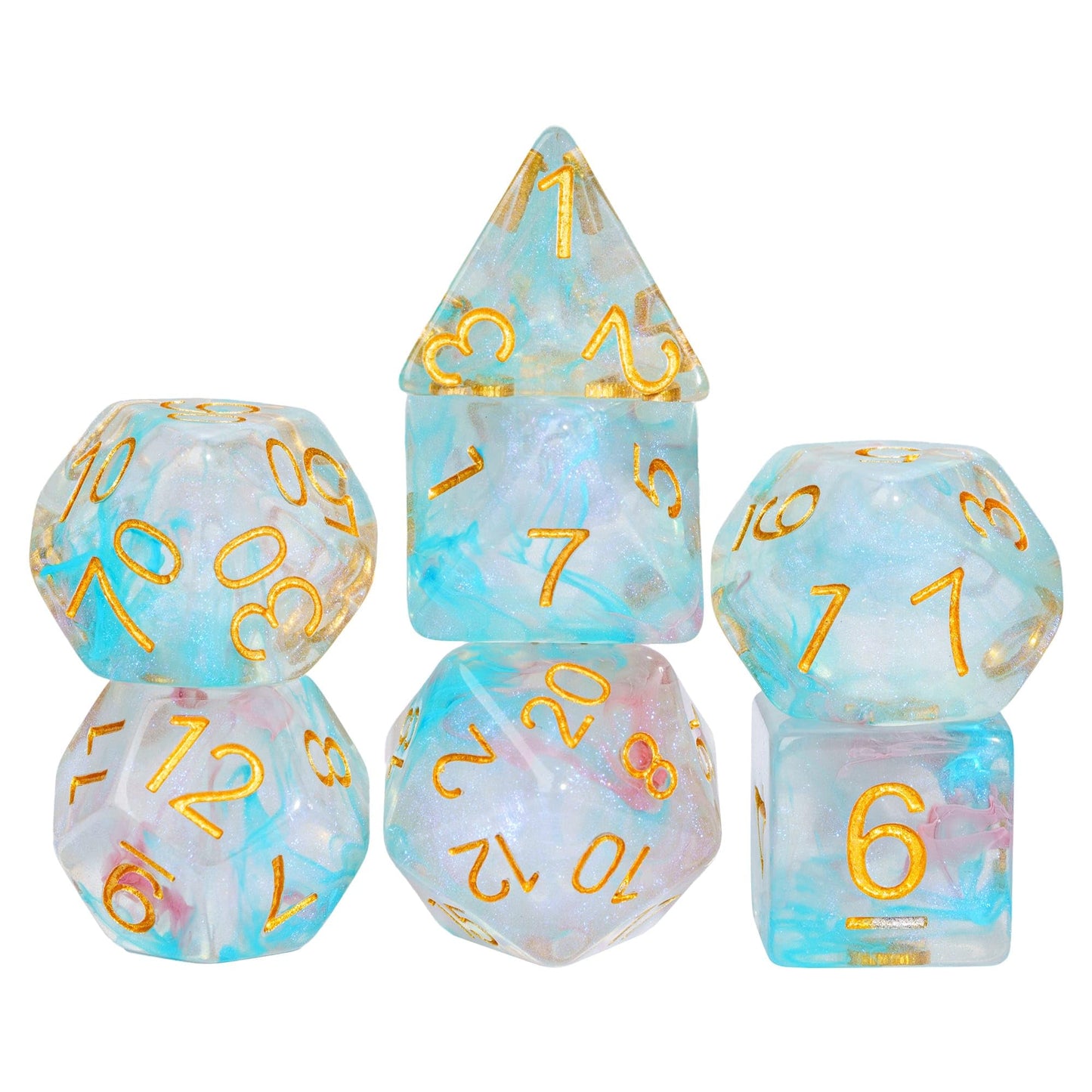 Udixi 7-Die Polyhedral Dice Set With Glitter And Cyan Swirls Dnd Dice For Dungeons And Dragons Role Playing Games (Cyan Pink)
