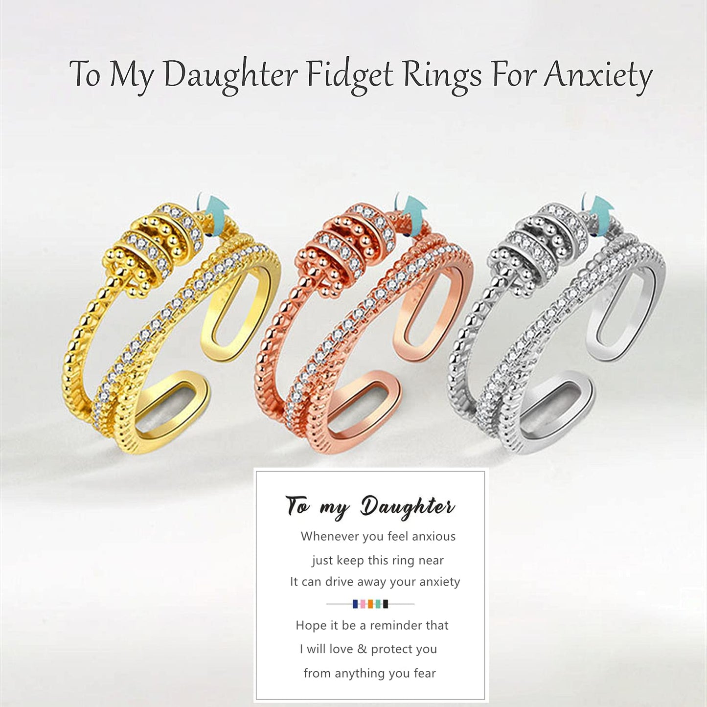 Askljeby Anxiety Ring for Daughter, 18K Gold Fidget Ring for Daughter from Mom to My Daughter Cubic Zirconia Adjustable Thumb St