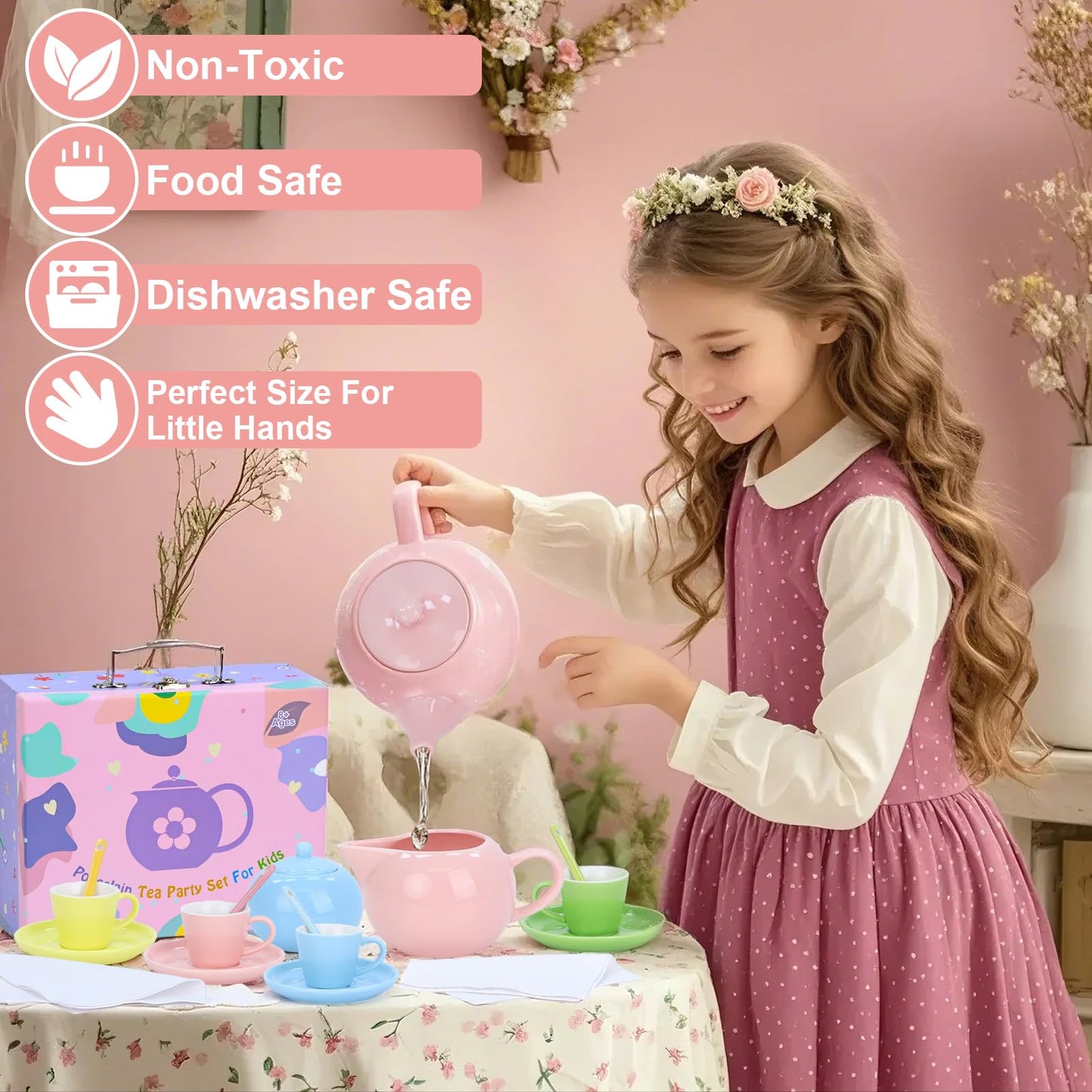 Porcelain Tea Party Set for Girls, PRE-WORLD Princess Tea Time Toy Including Teapot,Saucers,Teacups,Sugar Bowl,Creamer Pitcher,S