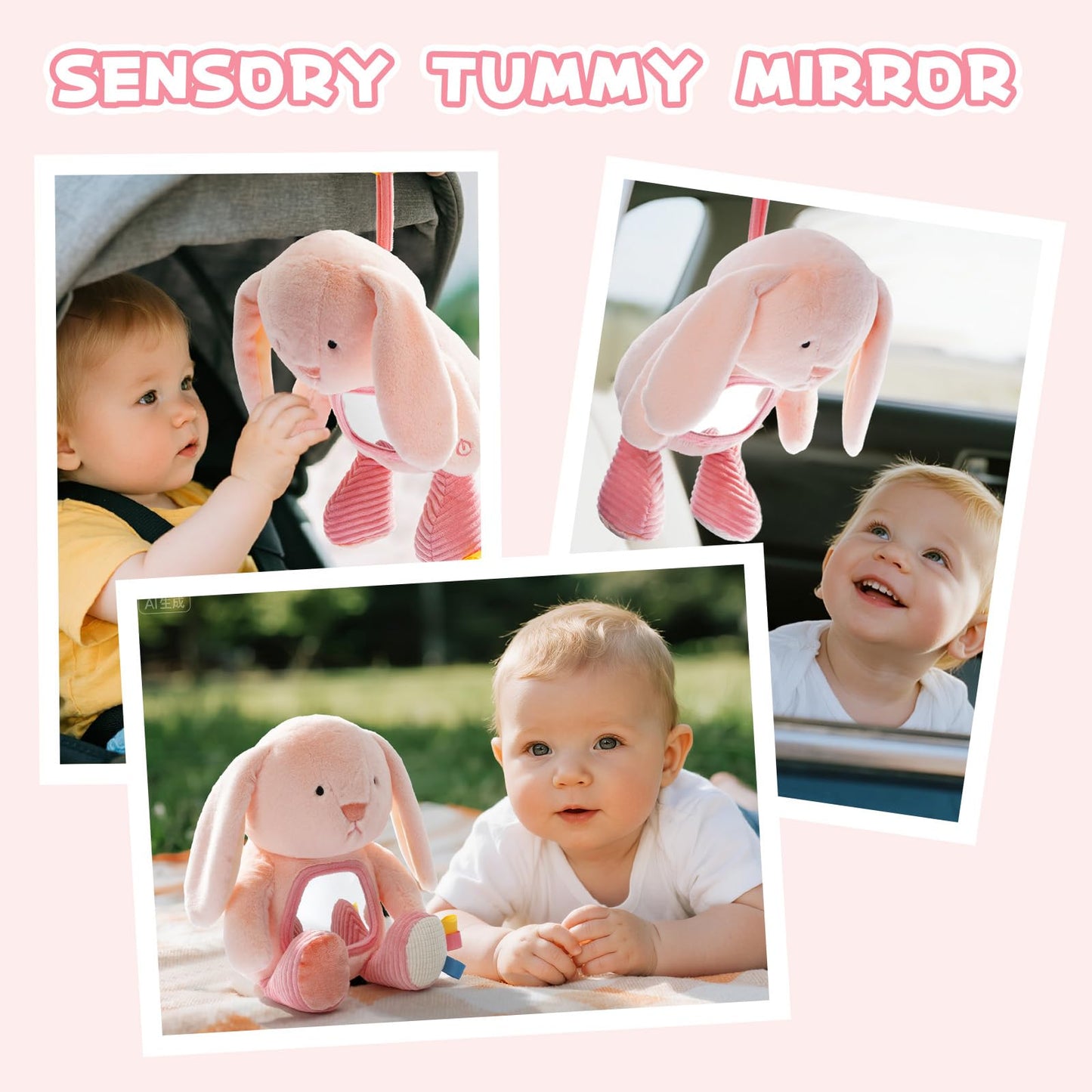 Koty Musical Tummy Time Toy Baby Mirror Toy 3 Years Old Infant Sensory Toy with Crinkle Sounds Textures Mirror & Melody Music Box for Tummy Time and Self-Discovery (Pink Rabbit)