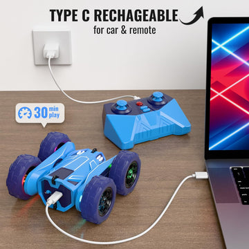 MaxTronic Remote Control Car - Rechargeable Stunt Crawler, 20km/h, 6.1"x6.1"x2.75", Blue, Model 989-81, LED
