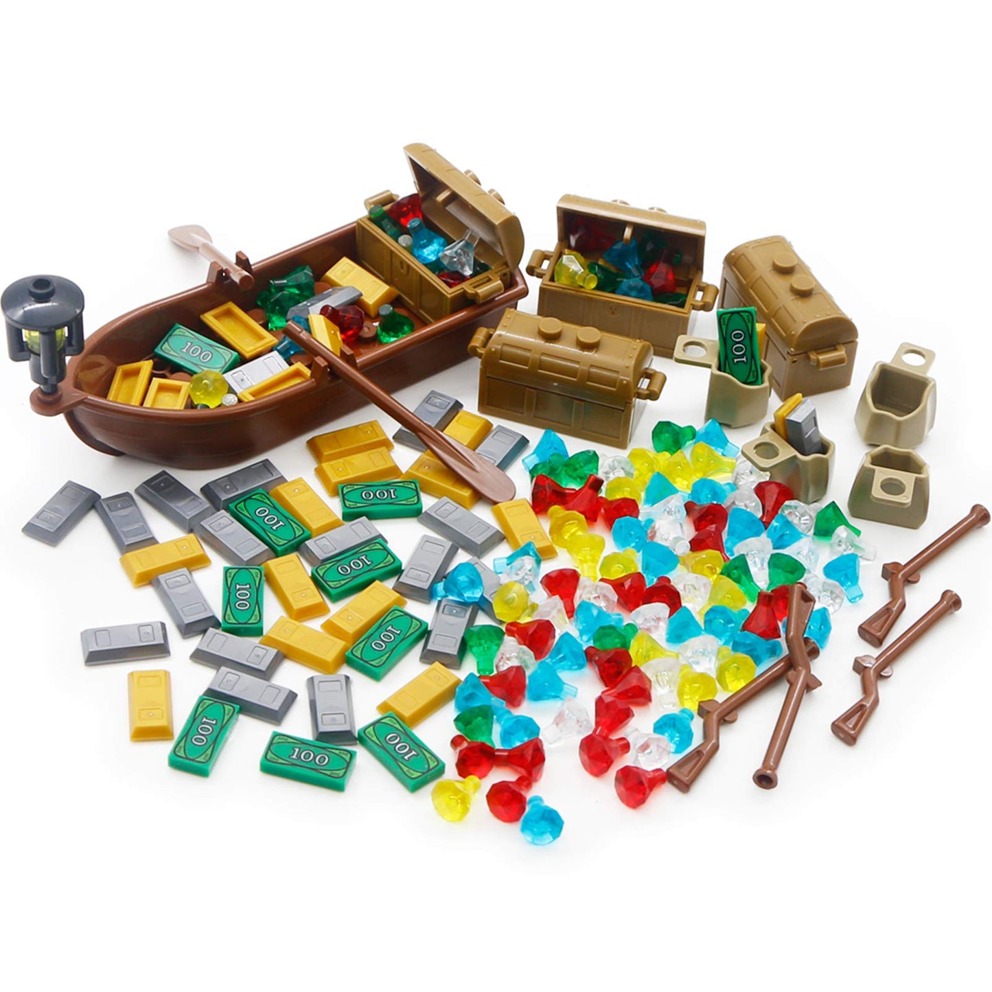 Brotex Pirate Accessories Money - Treasure Chest Building Block Bricks Pack, Money Gold Bar, Gems Diamonds, Jewels With Pirate Boat Ship People Parts, Building Bricks Set