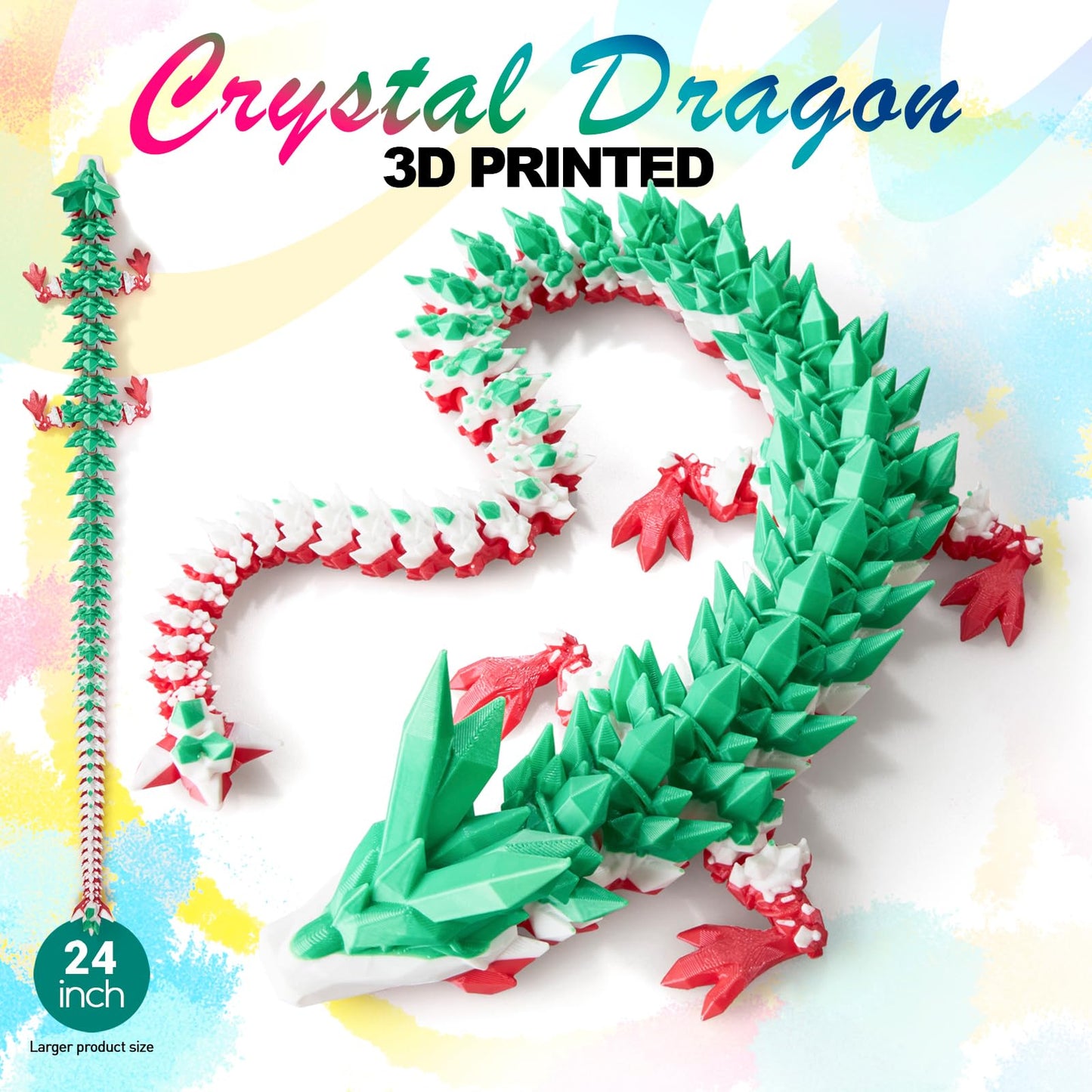 24 Large 3D Printed Dragon Flexible Articulated Crystal Dragon Fidget Toy Cool Big Dragons Toy Huge 3D Printed Dragons Gift for Girls Boys Kids age 3-5 4-7 8-12 Years Old Christmas & Birthday
