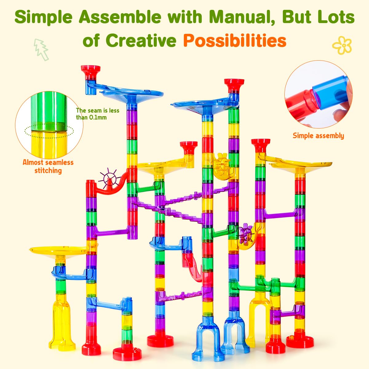 Meland Marble Run - 132Pcs Marble Maze Game Building Toy For Kid, Marble Track Race Set & Stem Learning Toys For Boy Girl Age 3 4 5 6 7 8 9+ (102 Translucent Marbulous Pcs & 30 Glass Marbles)