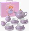 Porcelain Tea Set for Girls - Lavender & Gold Polka Dot Tea Party Set for Kids I Complete Children Tea Sets with Carry Case, Bir