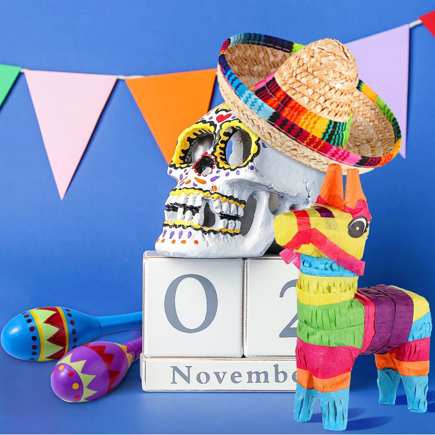 Hungdao 24 Pcs Mexican Fiesta Decorations Includes Mini Donkey Pinata Wooden Fiesta Maracas for Kids Mini Sombrero Hats Cinco De