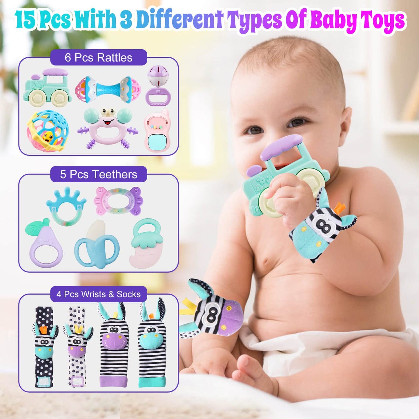 Baby Rattles 0-6 Months: Newborn Infant Rattle Toys - Teething Set With Wrist Socks