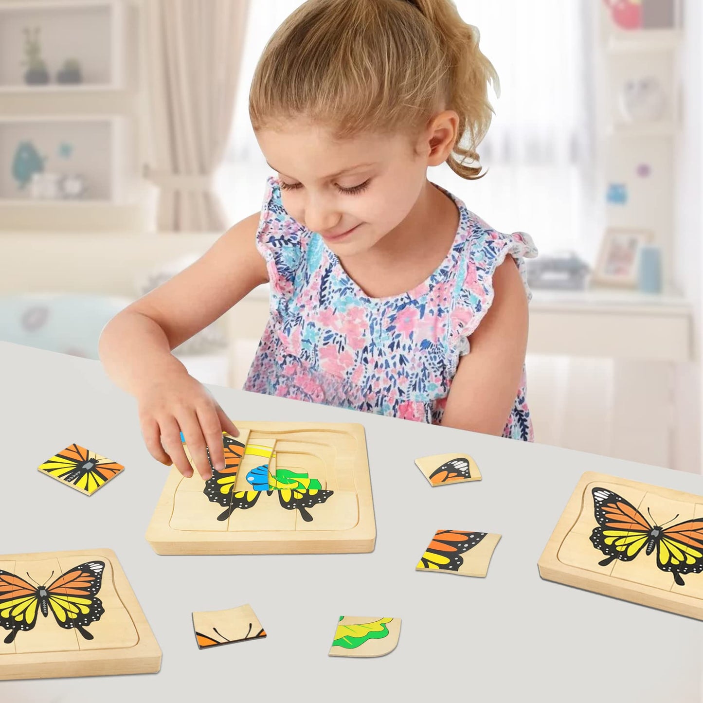 Montessori Wooden Puzzles For Kids Ages 4-8, 4 Layer Life Cycle Of Butterfly Jigsaw Puzzle For Toddlers, Children Preschool Learning Educational Puzzles Toys For Boys And Girls (Butterfly)