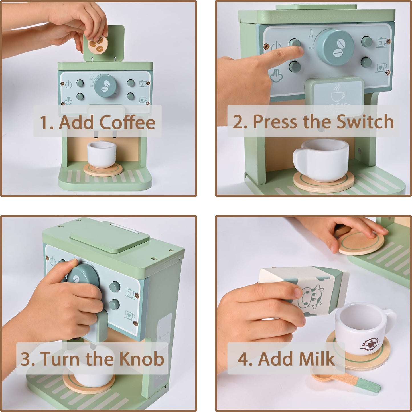 MONT PLEASANT Kids Wooden Toys Toddler Pretend Play Kitchen Accessories Green Coffee Maker Espresso Machine Playset Montessori K