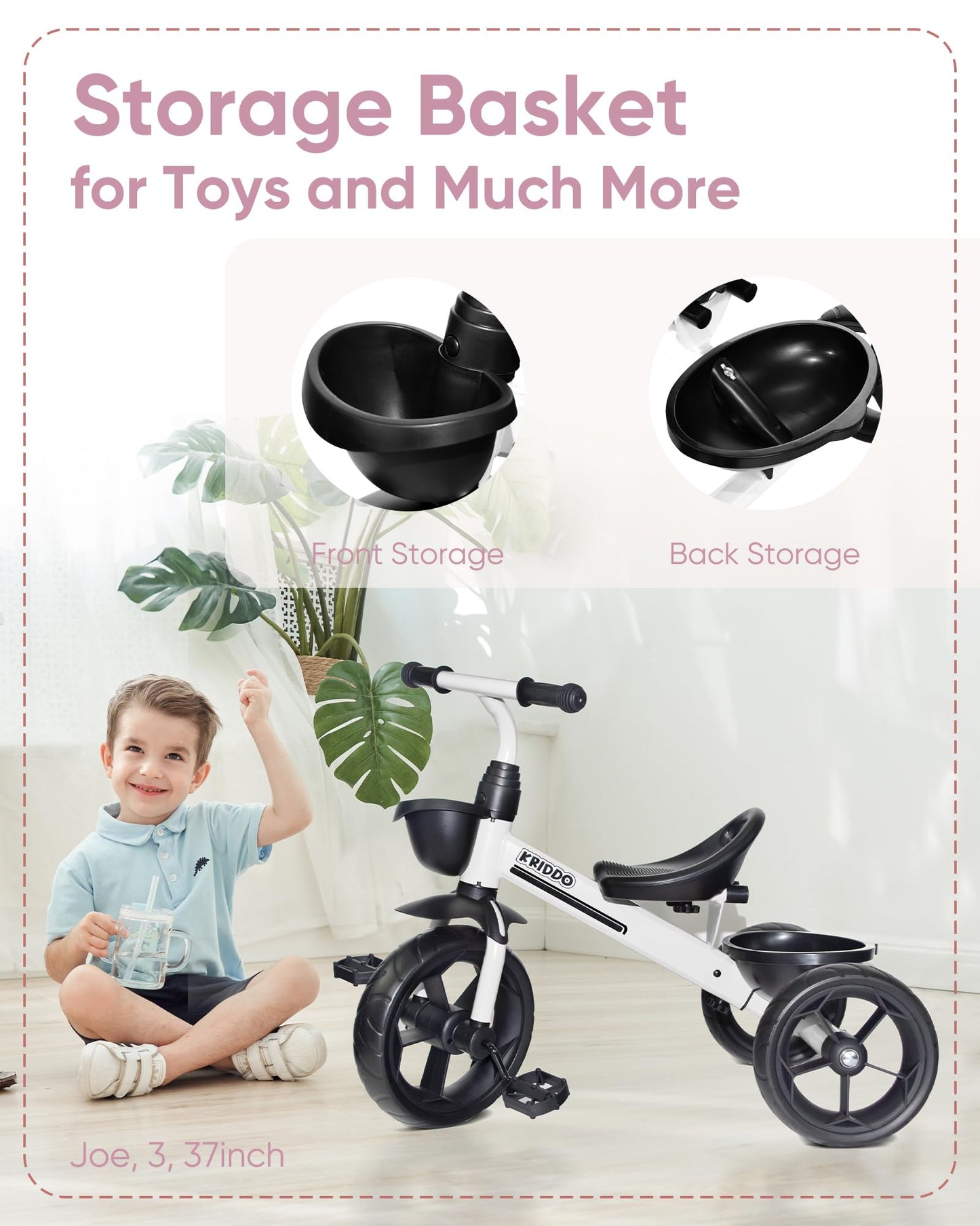 KRIDDO Kids Tricycles Age 24 Month to 4 Years, Toddler Kids Trike for 2.5 to 5 Year Old, Gift Toddler Tricycles for 2-4 Year Old