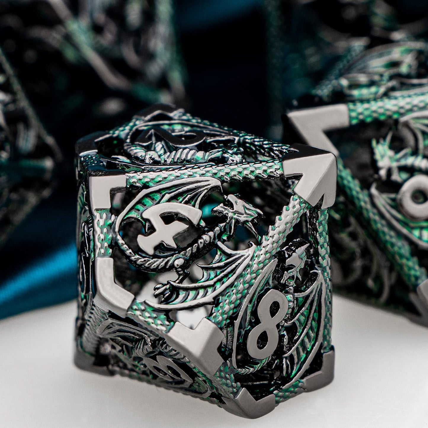 ARUOHHA Hollow DND Metal Dice Set Role Playing Games Dice with Gift Box, 7PCS Black Green D+D Polyhedral Dice Dungeons and Drago