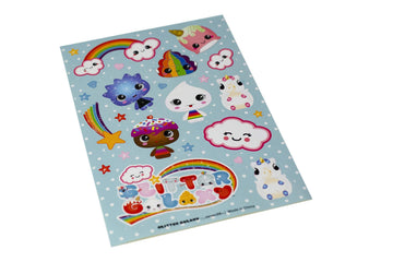 Glitter Galaxy Sticker Friends Sheet Wave 1 - Ten Large Character with Small Heart & Star Effects Stickers - Cute Rainbow Poop,