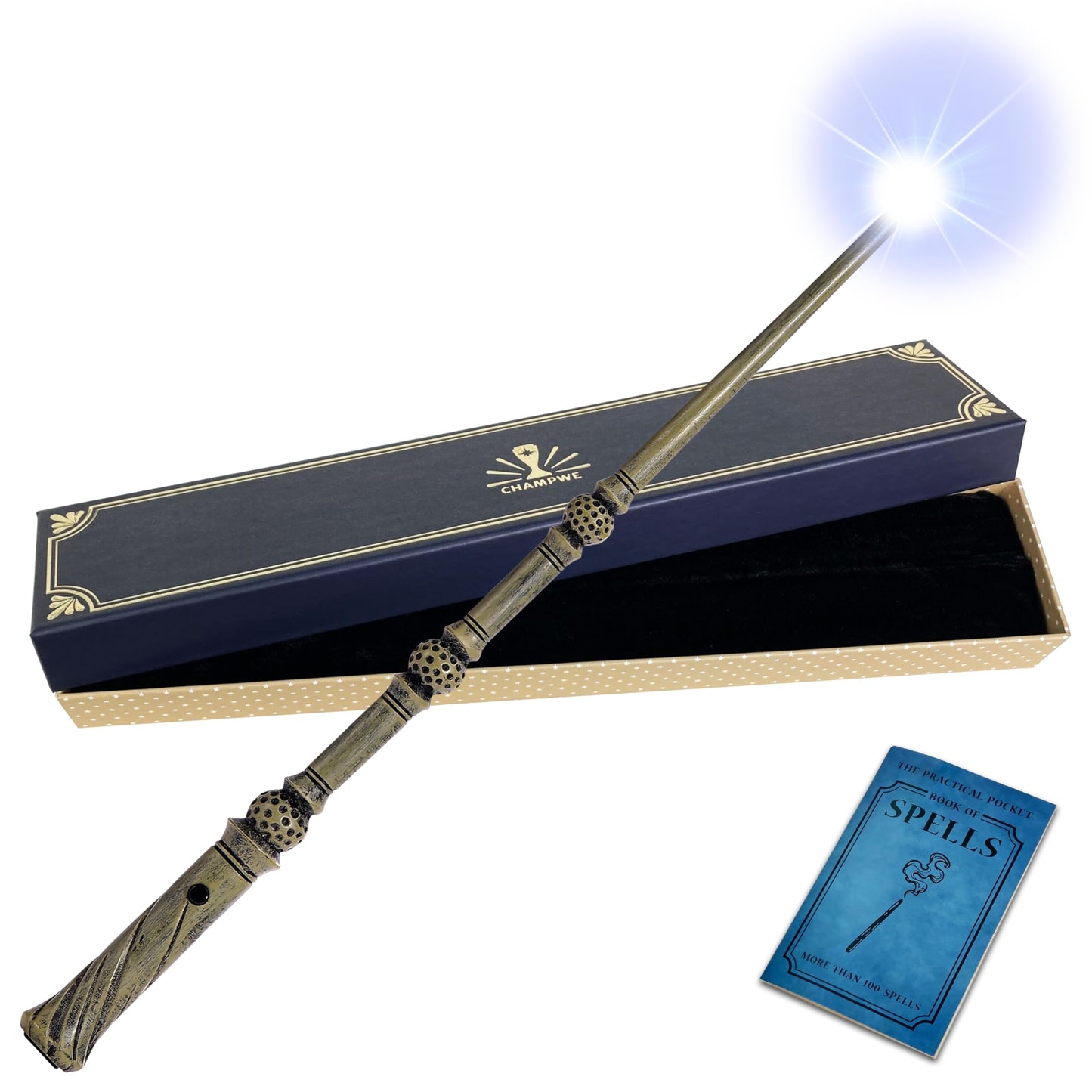 Champwe Light Up Magic Wizard Wand Rechargeable Illuminating Toy For Kids Witch Collection Cosplay Accessories With Spellbook And Gift Box (Beehive)