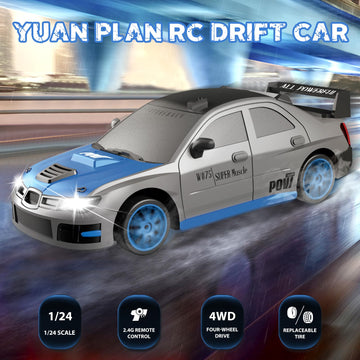 YUAN PLAN Remote Control Car, 1/24 2.4GHz 4WD RC Drift Car High Speed RC Cars with Cool Lights, Rechargeable Battery and Extra T