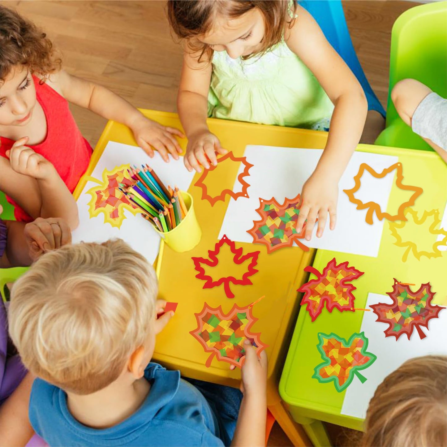 Kepeel 42 Packs Fall Leaf Suncatchers Crafts for Kids, Thanksgiving Leaf Tissue Art Crafts DIY Autumn Maple Leaves Kit Bulk Gift